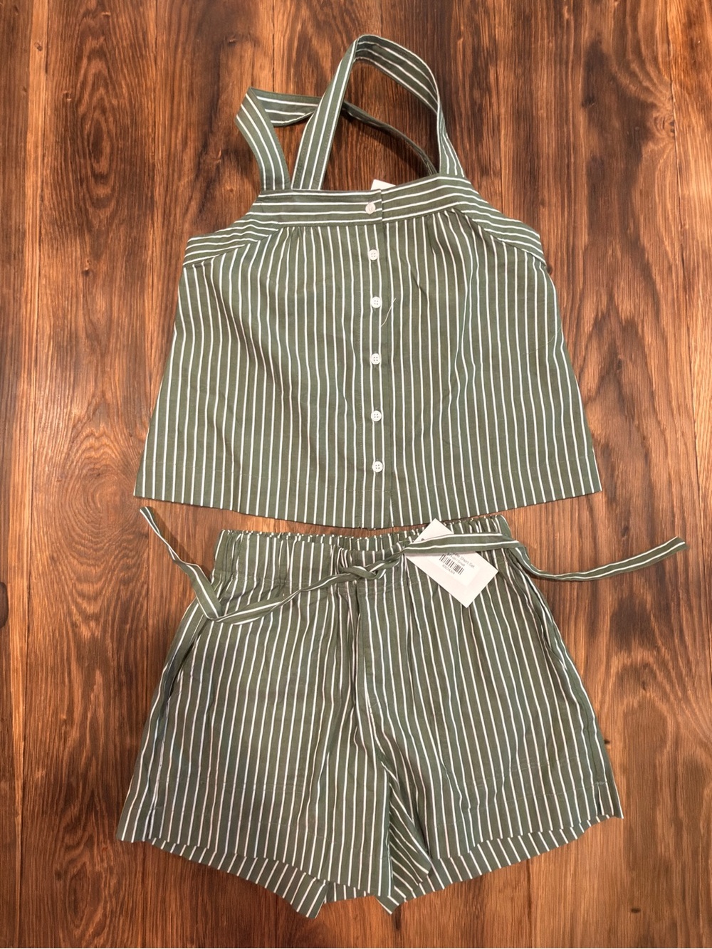 Olivaceous Olive Green and White Striped Button-Front Camisole